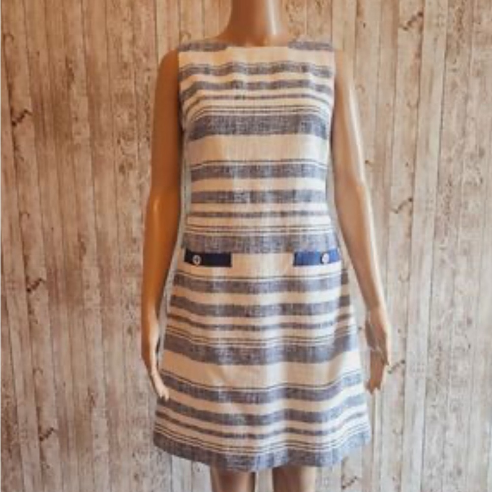 Tommy Hilfiger Blue and White Sheath Dress Sleeveless Bateau Neckline